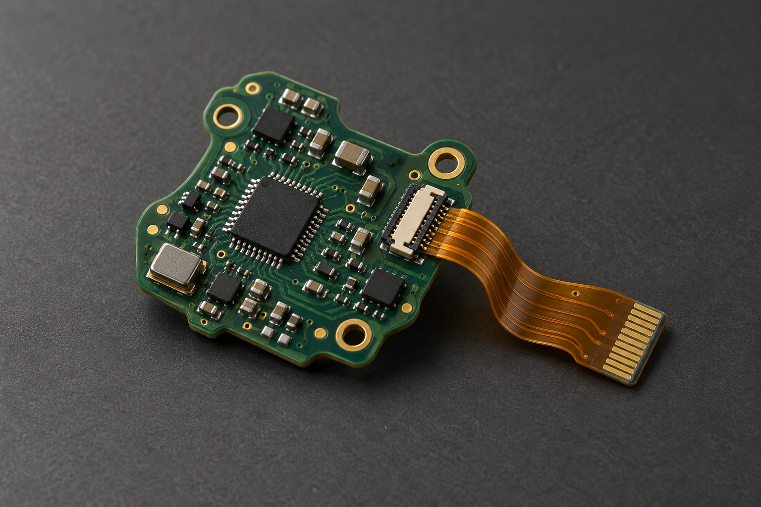 Compact green circuit board with an amber flexible circuit tail