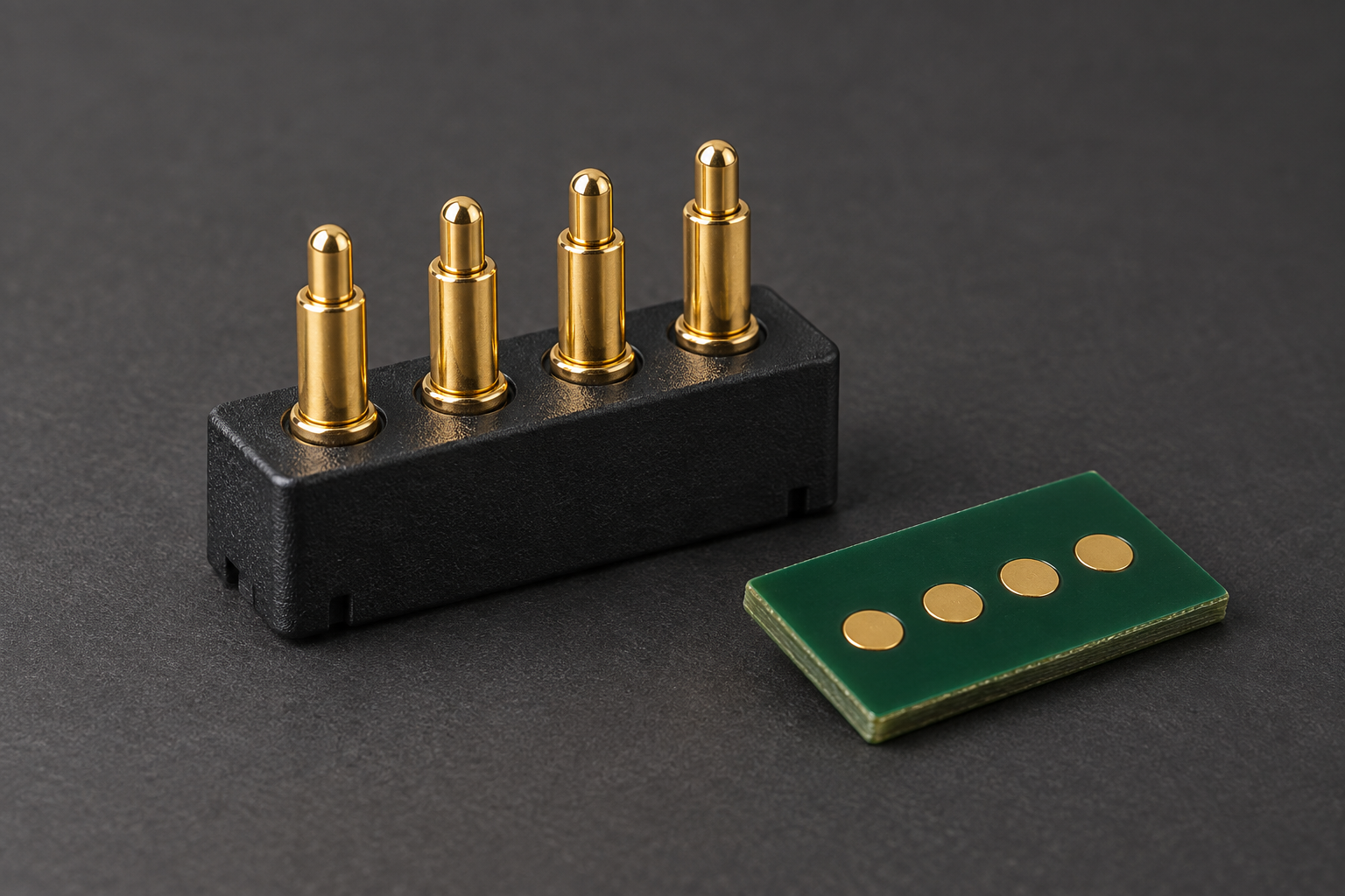 Four gold spring-loaded pogo pins beside a circuit board with matching contact pads