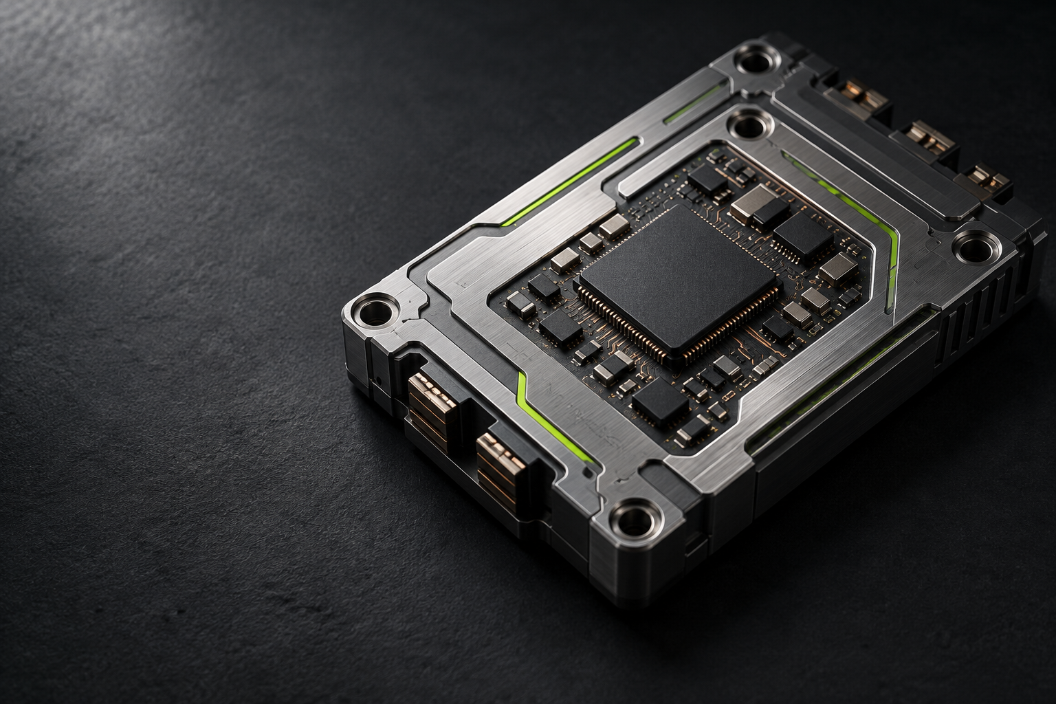 Industrial visualization of a graphite electronics module with exposed circuitry